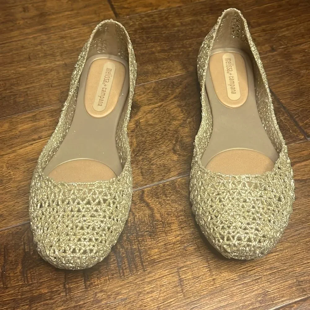 Melissa Gold Glitter Campana Papel Jelly Ballet Flats, size 6